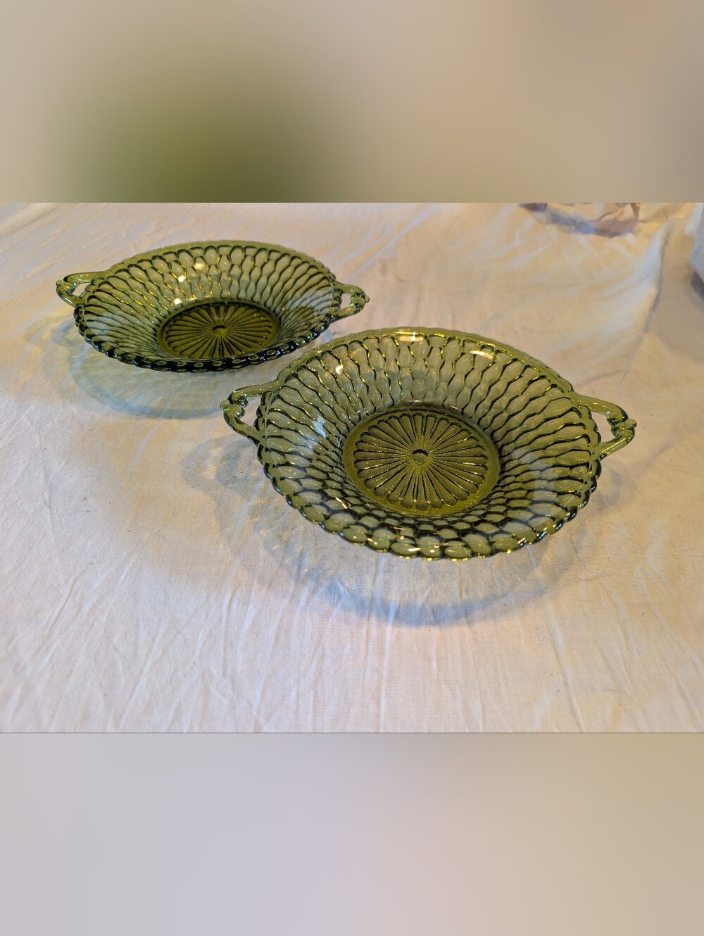 2/60$ Vintage Green Pressed Glass Serving platter with Handles